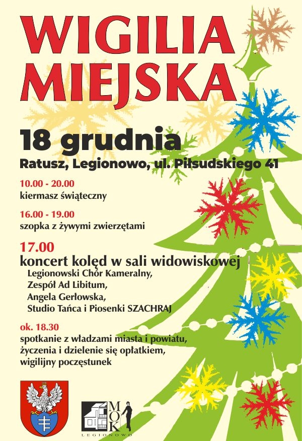 Plakat promujący Wigilię Miejską, w tle bożonarodzeniowa choinka