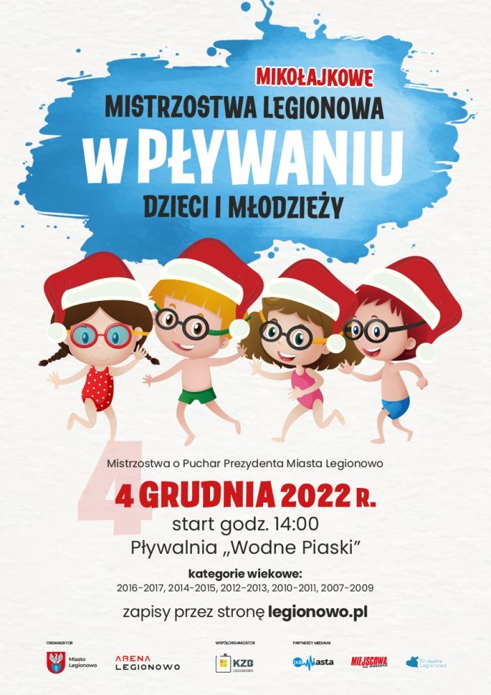 Plakat mikołajkowych zawodów w pływaniu dla dzieci 2022