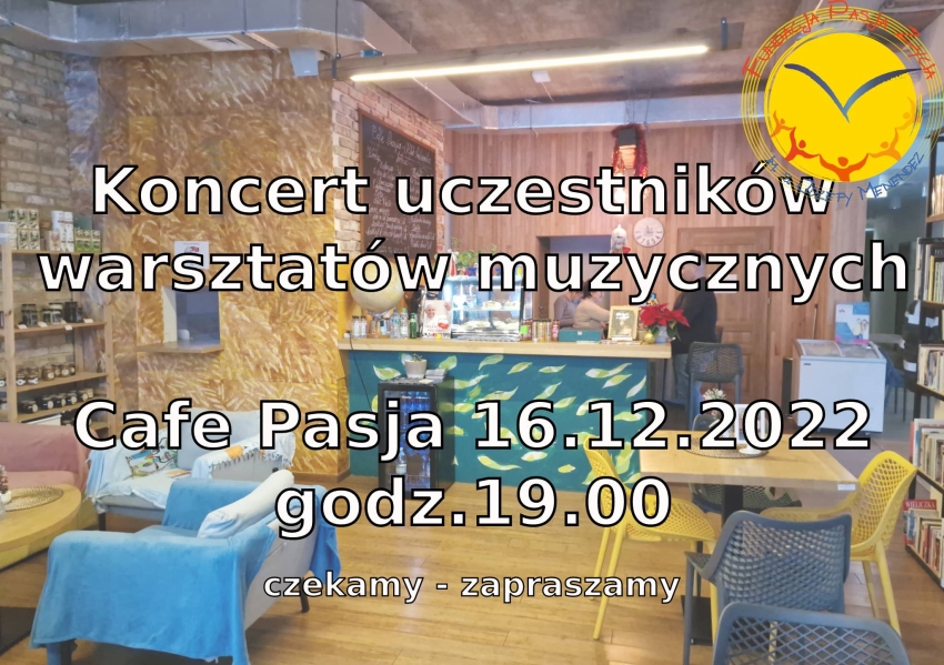 Grafika promująca koncert, w tle wnętrze kawiarni Cafe Pasja