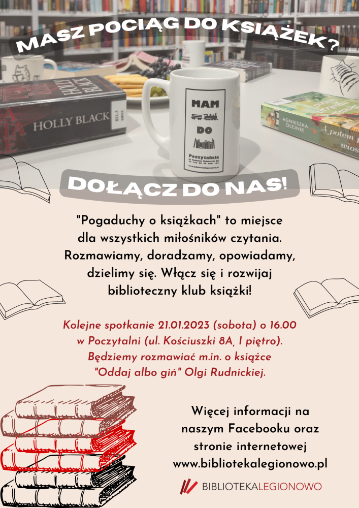 Plakat z zaproszenim na spotkanie klubu czytelniczego - Pogaduchy o książkach
