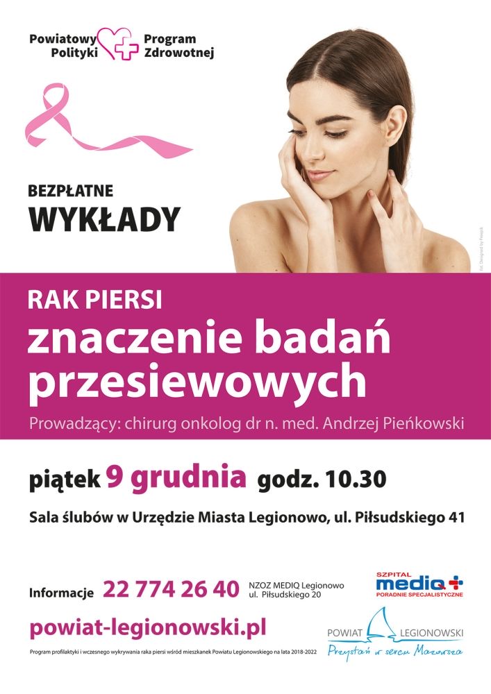 Plakat promujący wykład: Rak piersi - znaczenie badań przesiewowych