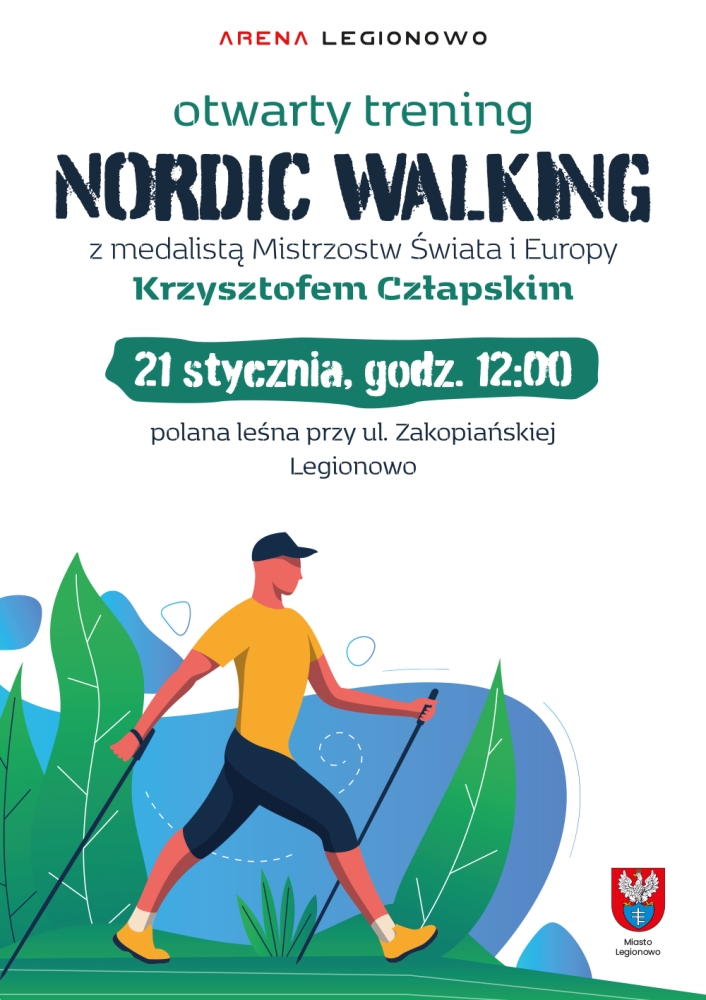 Plakat promujący Otwarty Trening Nordic Walking