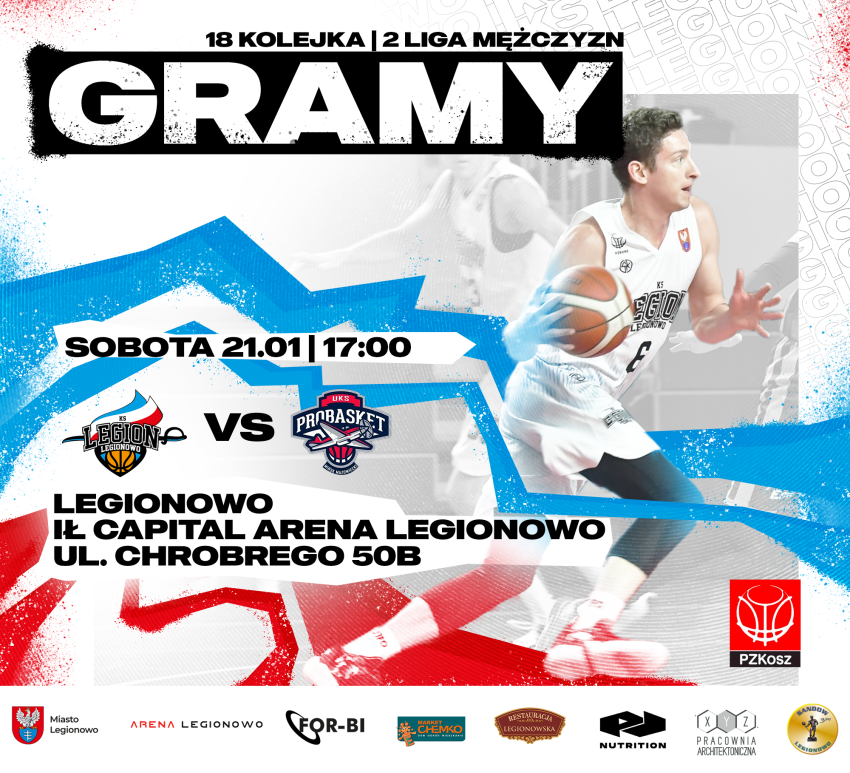 Plakat promujący mecz KS Legion Legionowo - Superis UKS Probasket Mińsk Mazowiecki
