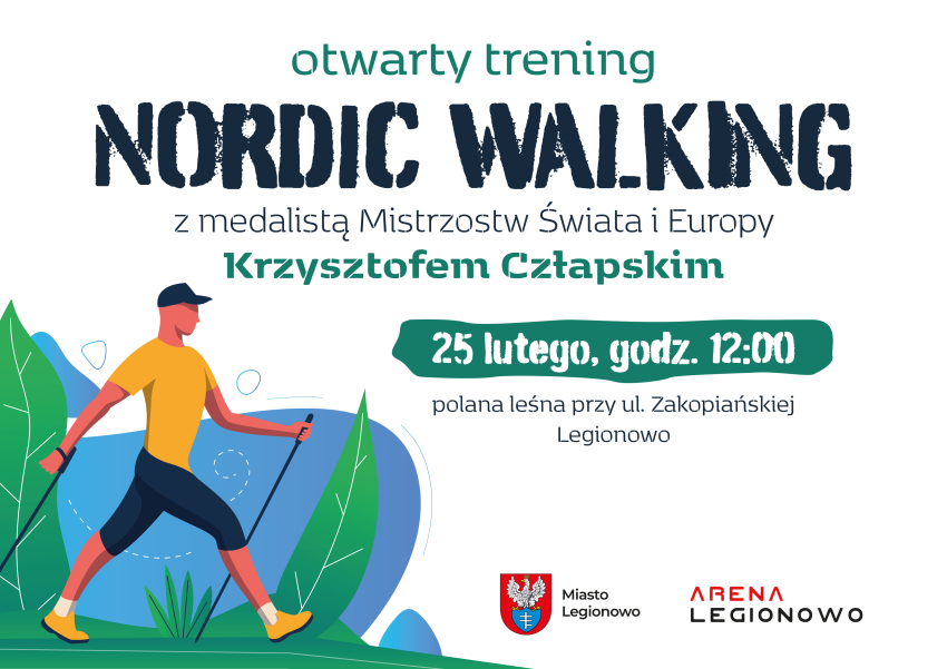 Plakat promujący Otwarty Trening Nordic Walking