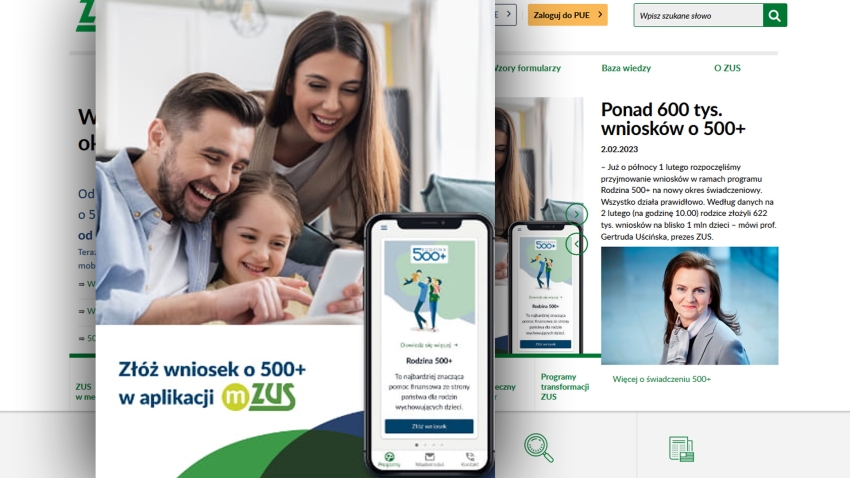 Grafika z informacją o składaniu wniosków o 500+ w aplikacji mZUS, w tle rodośni rodzice z dzieckiem