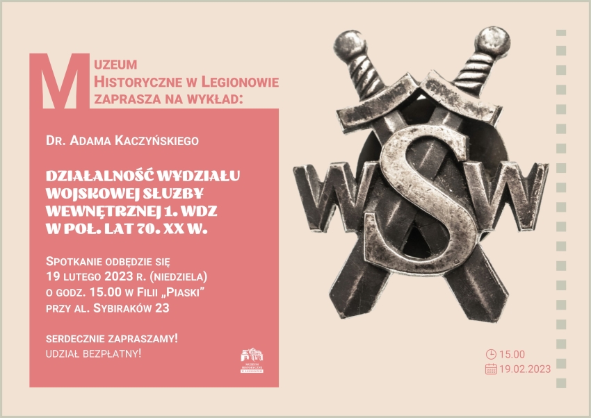 Grafika promująca wykład - Działalność Wydziału Wojskowej Służby Wewnętrznej 1. WDZ
