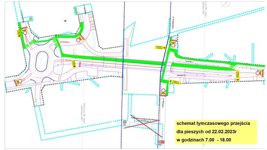 Schemat przedstawiający zamknięcie tymczasowego przejścia na Bukowcu w Legionowie