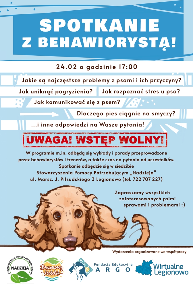 Plakat promujący spotkanie z behawiorystą