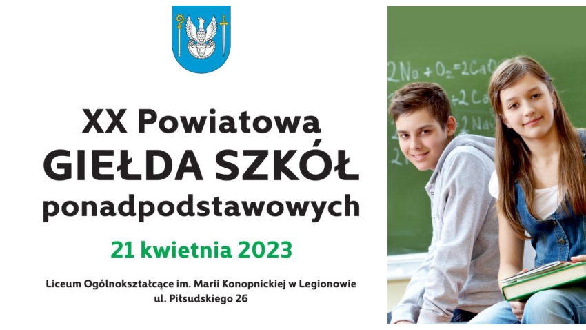 Napis - XX Powiatowa Giełda Szkół Ponadpodstawowych 21 kwietnia 2023; chłopiec i dziewczynka