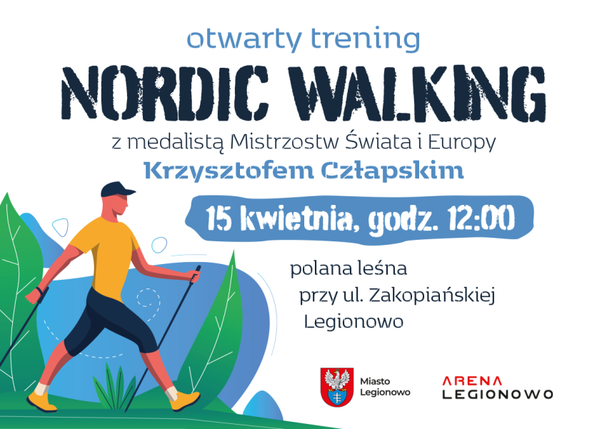 Plakat promujący Otwarty Trening Nordic Walking