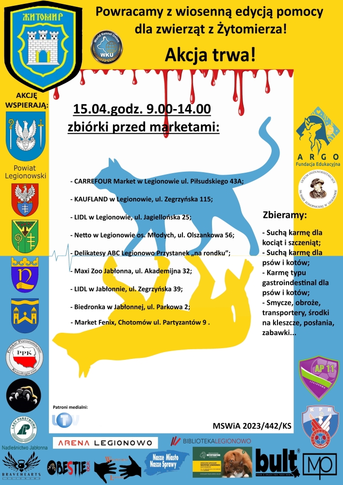 Plakat promujący zbiórkę żywności dla zwierząt z Żytomierza na Ukrainie