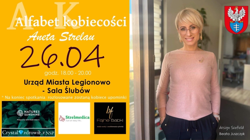 Grafika promująca spotkanie - Alfabet kobiecości; po prawej sronie zdjęcie kobiety