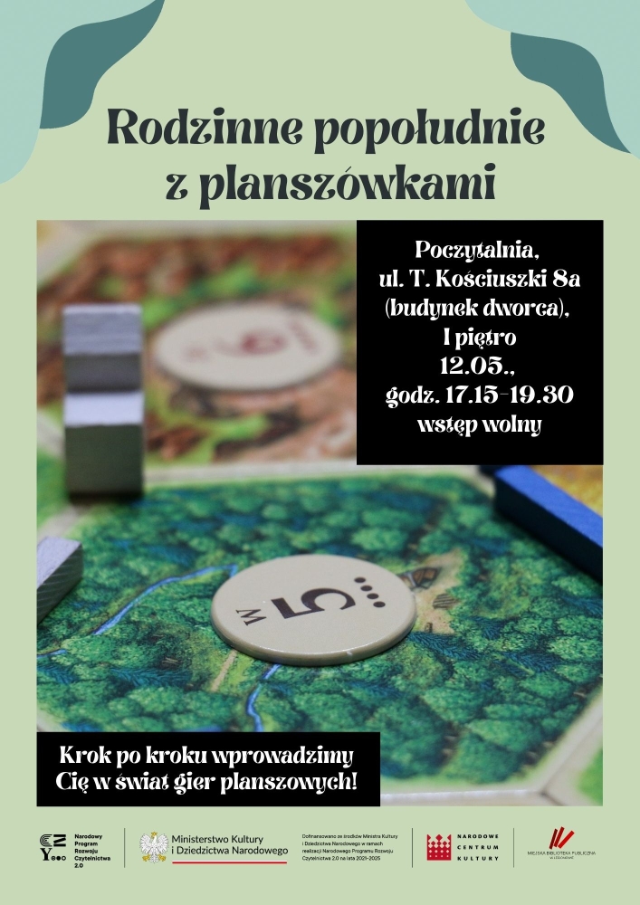 fragment gry planszowej; napis - Rodzinne popołudnie z planszówkami