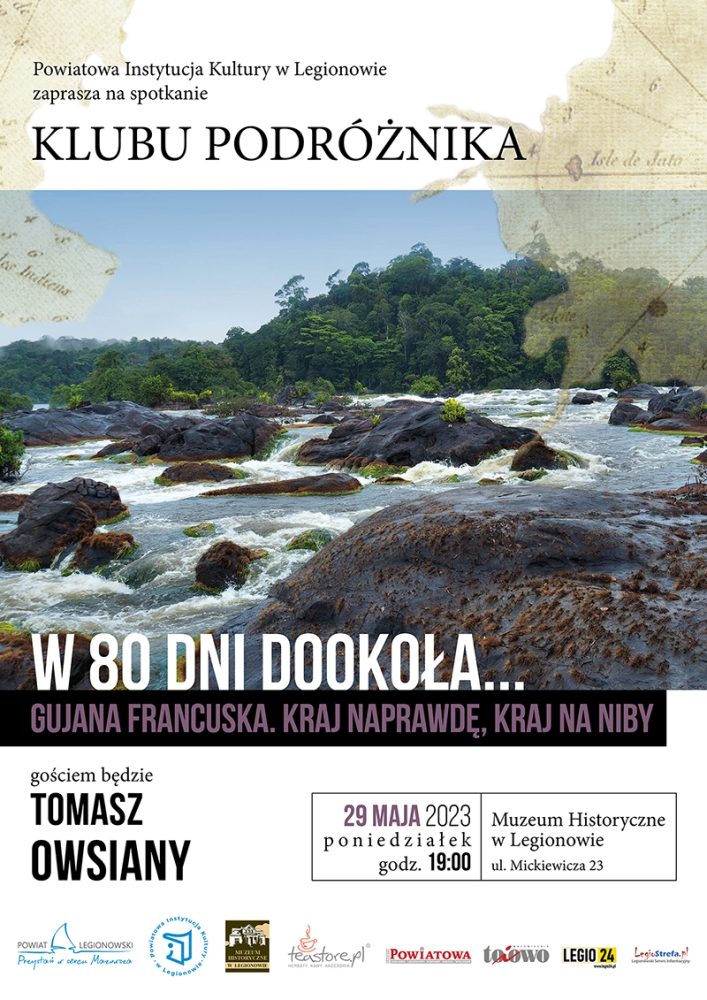 Plakat promujący spotkanie z cyklu 'W 80 dni dookoła...'; kadr rzeki w Gujanie Francuskiej