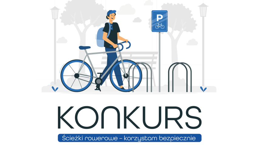 Grafika przedstawiająca osobę z rowerem; napis - Konkurs