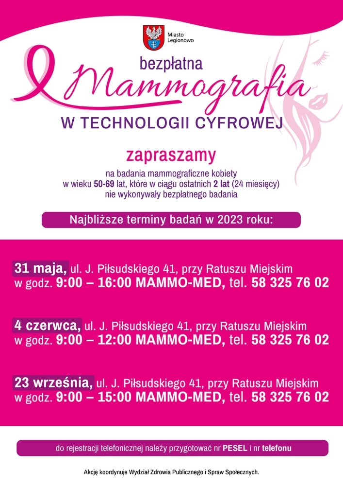 Plakat informujący o terminach badań mammograficznych w Legionowie