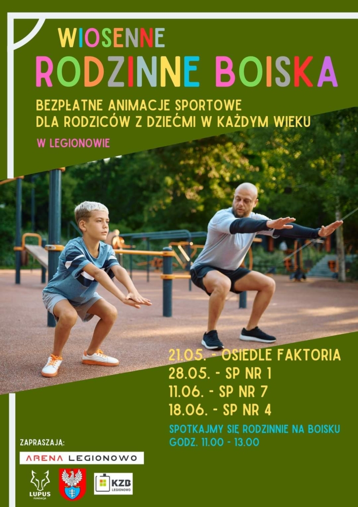 Plakat promujący wydarzenie; chłopiec i mężczyzna ćwiczący na siłowni plenerowej