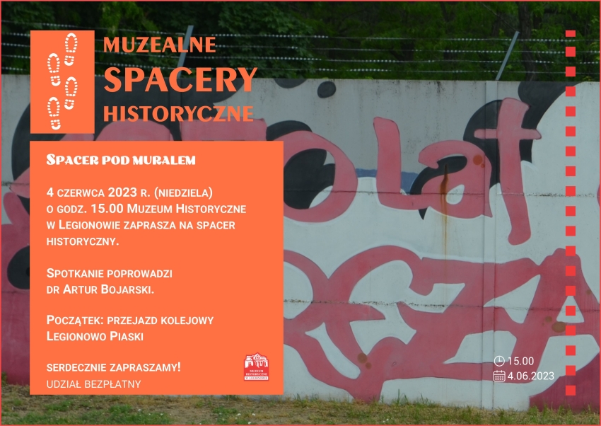 Plakat reklamujący spacer, w tle mural