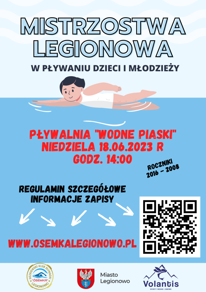 Plakat promujący Mistrzostwa Legionowa w Pływaniu Dzieci i Młodzieży