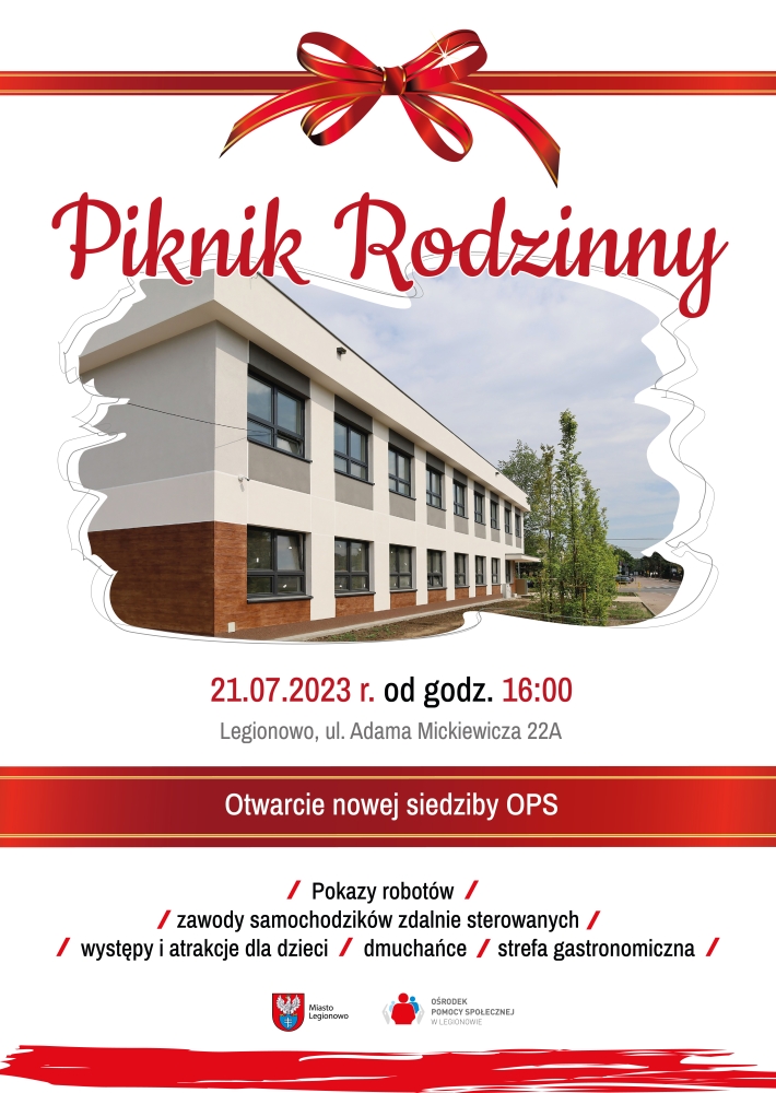 Plakat z informacją o otwarciu nowej siedziby OPS w Legionowie