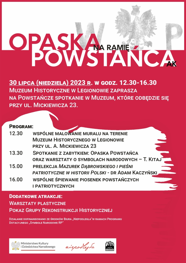 Plakat w biało-czerwonych barwach - projekt 'Opaska na ramię powstańca AK'