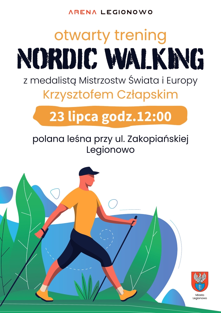 Plakat promujący Otwarty Trening Nordic Walking