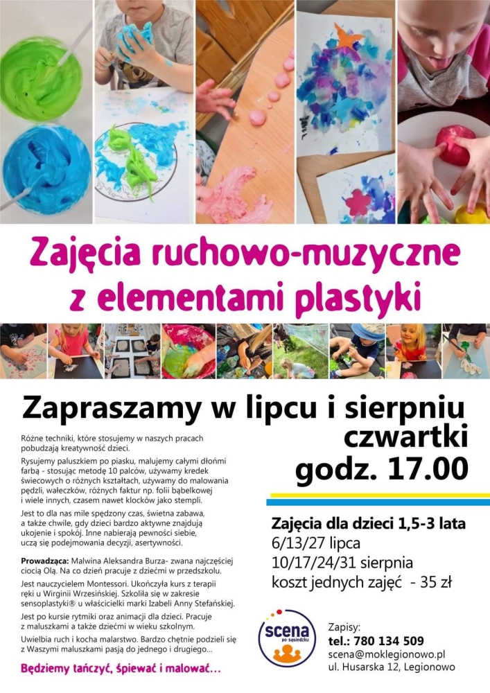 Plakat informujący o zajęciach ruchowo-muzycznych z elementami plastyki