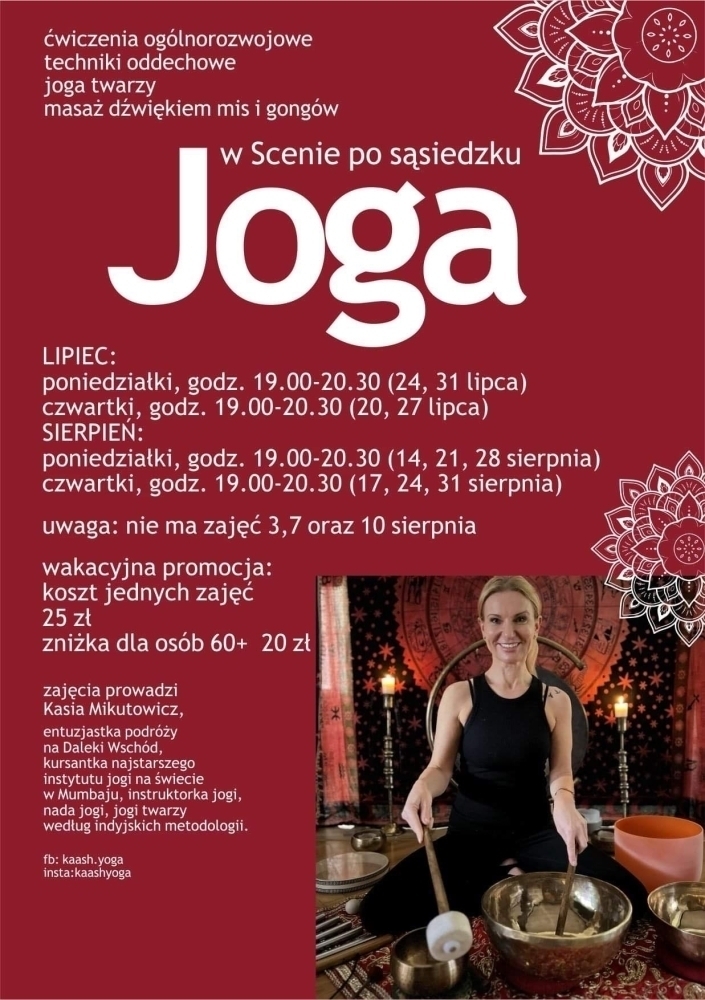 Plakat informujący o zajęciach z jogi w scenie po sąsiedzku