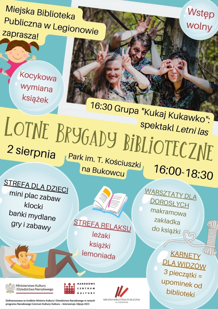 Plakat informujący o pikniku 'lotne brygady bibliteczne'