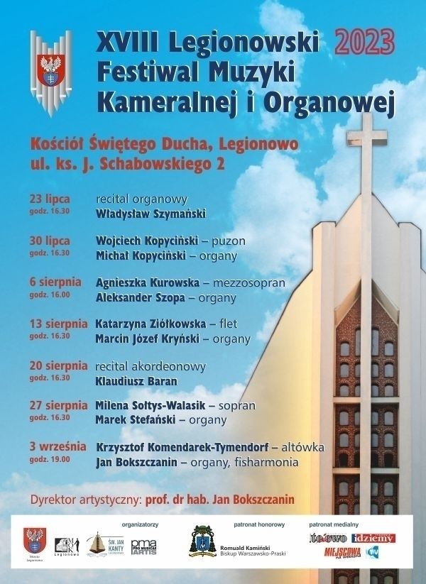 Plakat z harmonogramem VXVIII Legionowskiego Festiwalu Muzyki Kameralnej i Organowej