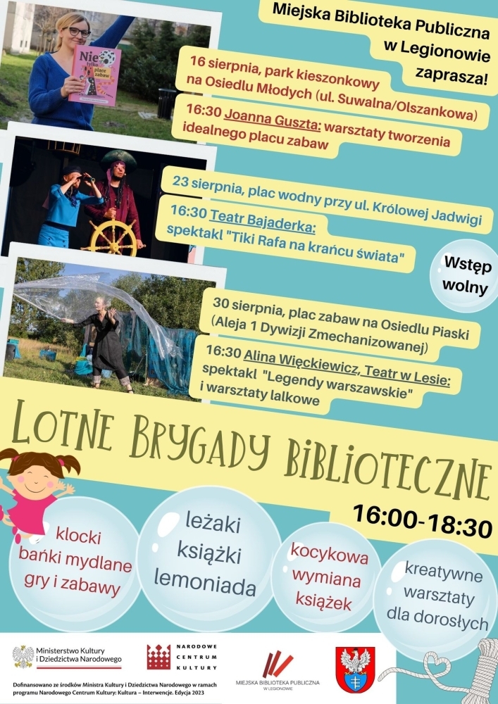 Plakat informujący o pikniku 'lotne brygady bibliteczne'