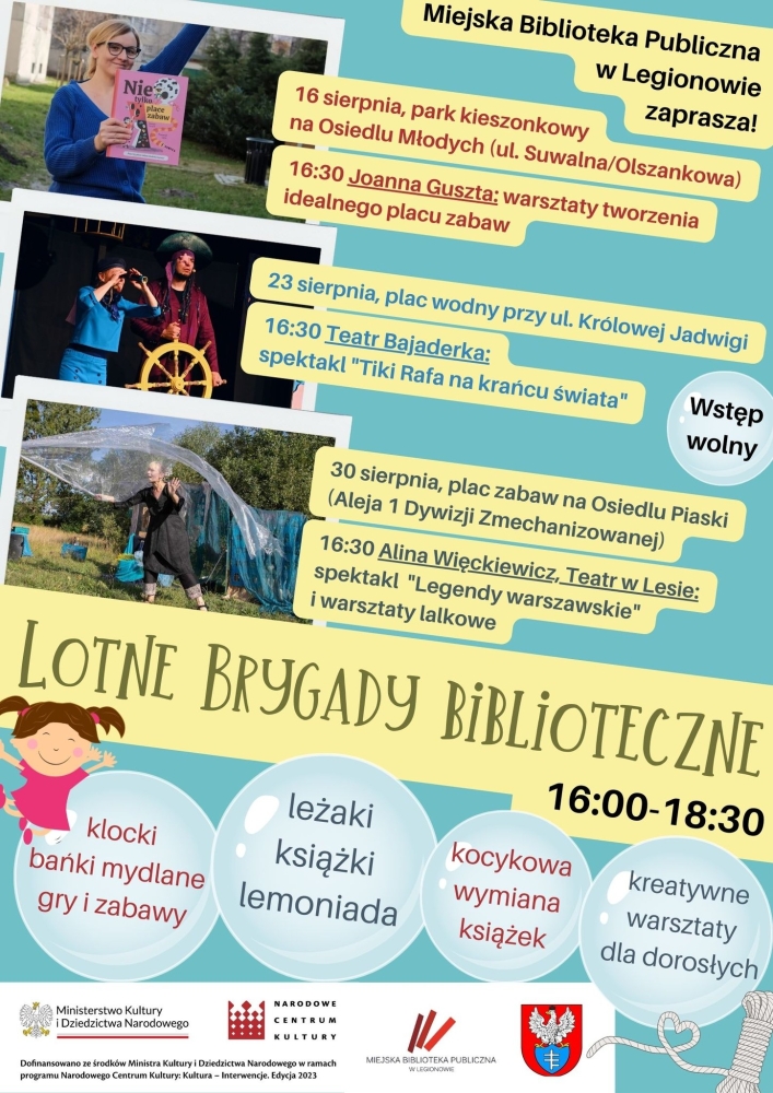 Plakat informujący o pikniku 'lotne brygady bibliteczne'