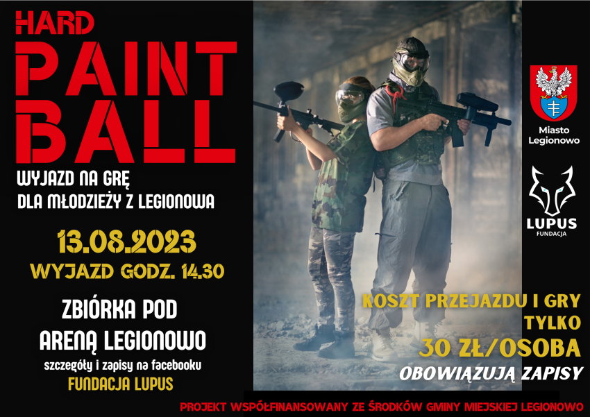Plakat informujący o grze paintballowej dla młodzieży z Legionowa