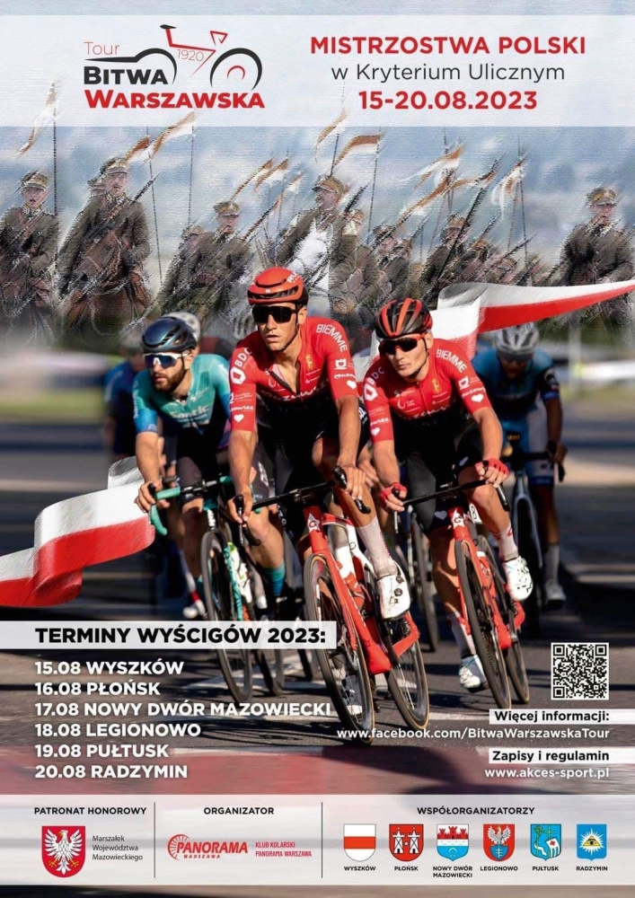 Plakat promujący Tour Bitwa Warszawska Mistrzostwa Polski w kryterium ulicznym, w tle kolarze