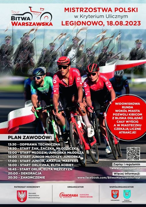 Plakat informujący o Tour Bitwa Warszawska - Mistrzostwa Polski w kryterium ulicznym o puchar Prezydenta Miasta Legionowo