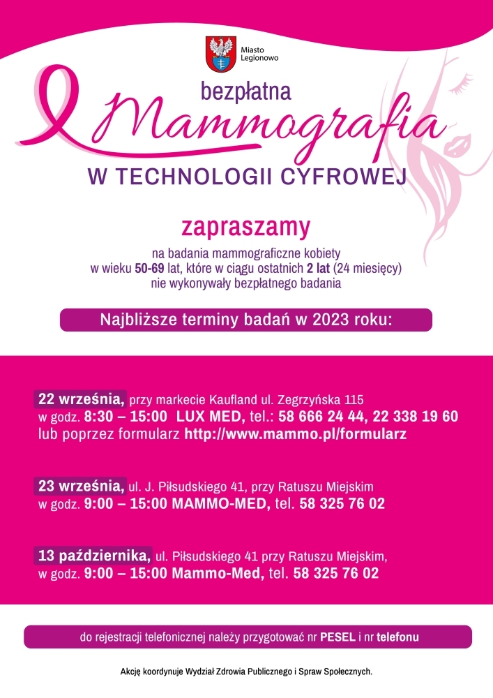 Plakat informujący o terminach badań mammograficznych w Legionowie