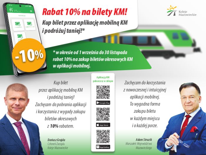 Plakat promujący 10% tańsze bilety Kolei Mazowieckich