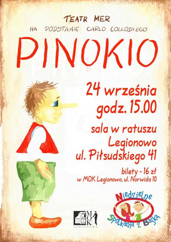 Plakat promujący przedstawienie dla dzieci Pinokio