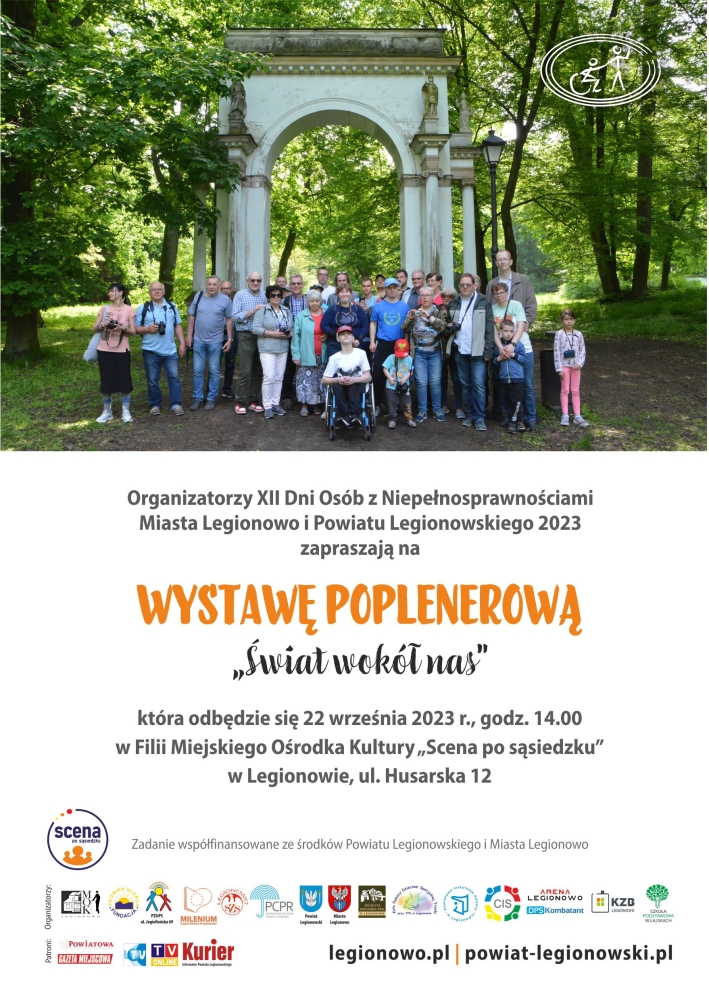 Plakat informujący o wystawie poplenerową Świat wokół nas XII Dni Osób z Niepełnosprawnościami Miasta Legionowo i Powiatu Legionowskiego 2023.