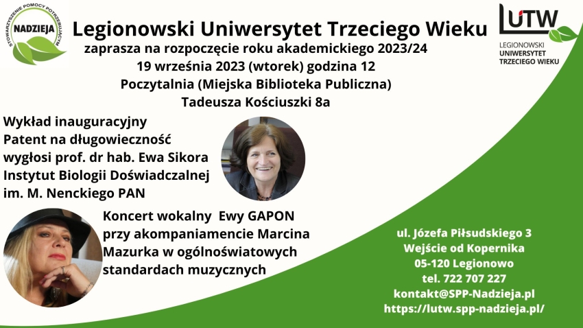 Plakat informujący o Inauguracji roku akademickiego Legionowskiego Uniwersytetu Trzeciego Wieku.