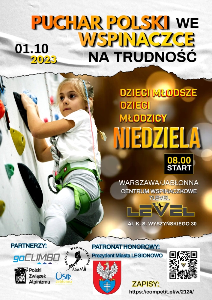 plakat informujący o zawodach Puchar Polski Dzieci, Dzieci Młodszych oraz Młodzików we Wspinaczce sportowej na trudność