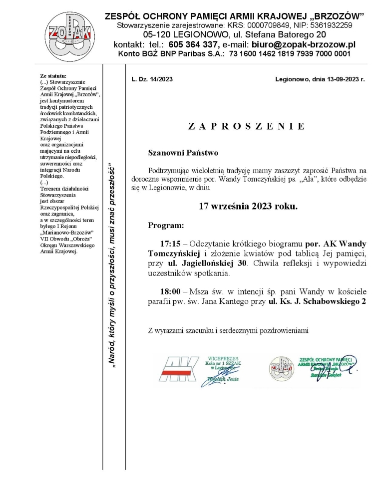Zaproszenie na Dzień Wandy Tomczyńskiej