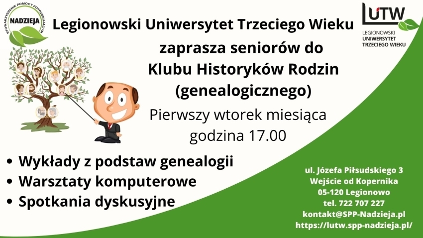 plakat informujący o wykładzie Genealogia - Legionowski Klub Historyków Rodzin