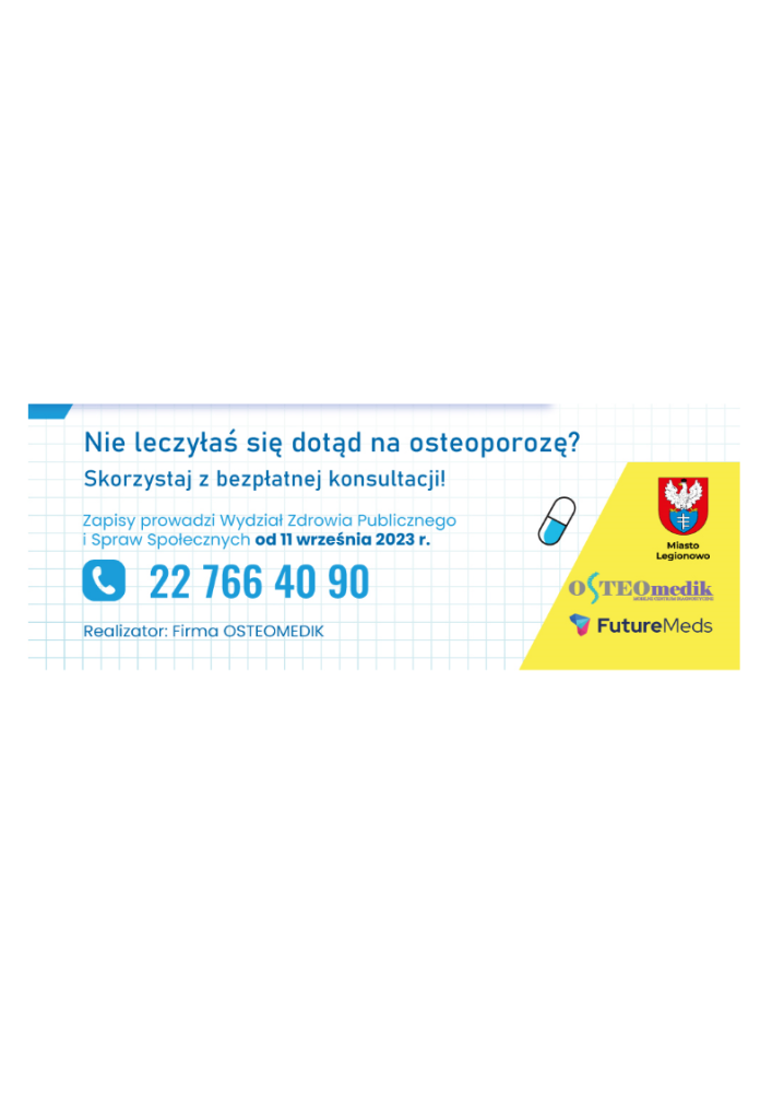 Grafika informująca o bezpłatnych badaniach na osteoporozę.