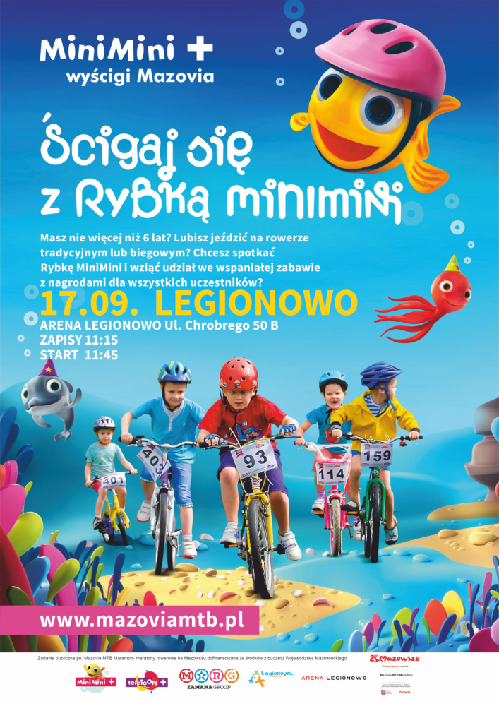 Plakat informacyjny o ściganiu się przez dzieci na rowerach z rybką Mini Mini