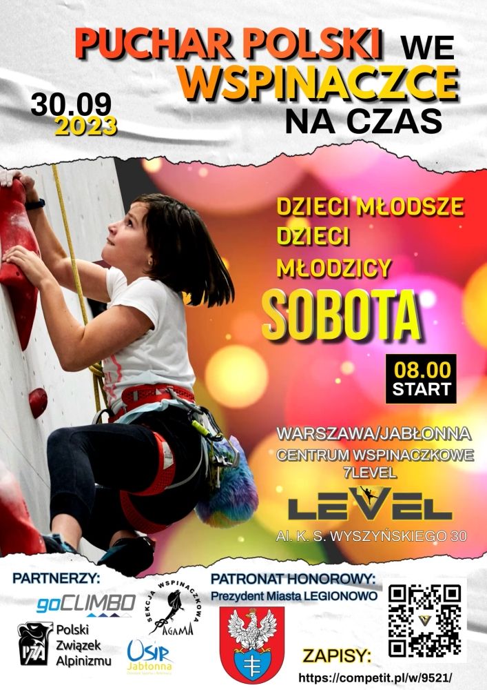 Plakat informujący o zawodach Puchar Polski Dzieci, Dzieci Młodszych oraz Młodzików we Wspinaczce sportowej na czas
