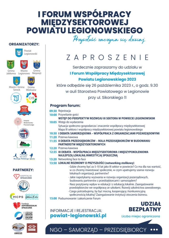 Plakat informujący o I Forum Współpracy Międzysektorowej Powiatu Legionowskiego.