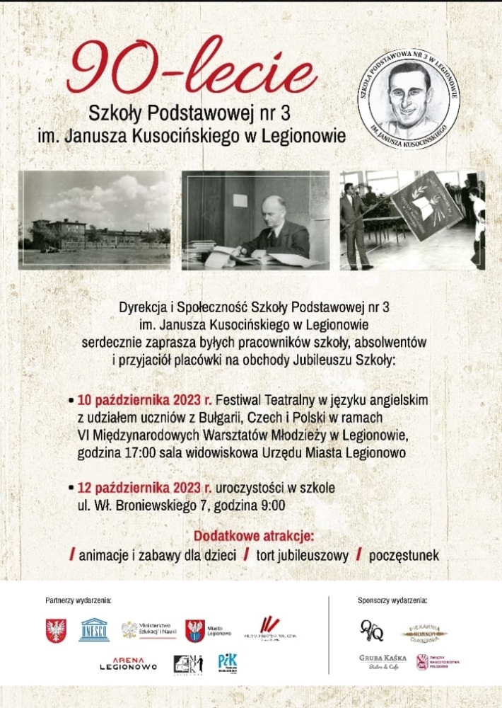 Plakat informujący o obchodach 90 lat sp nr 3 w Legionowie.
