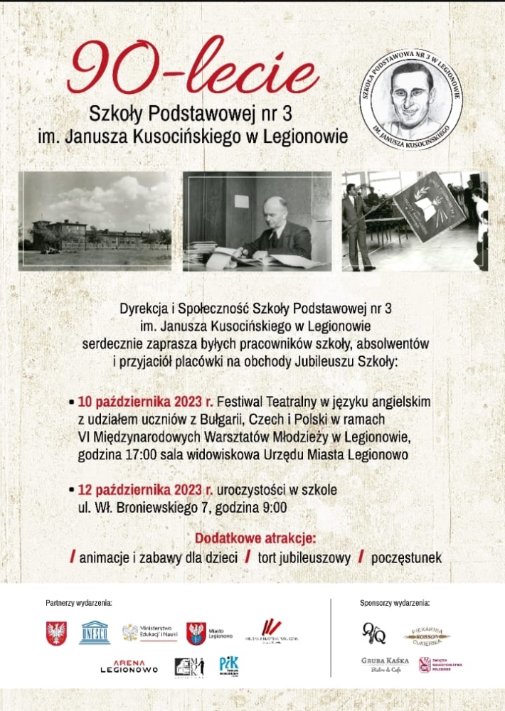 Plakat informujący o obchodach 90 lat sp nr 3 w Legionowie.