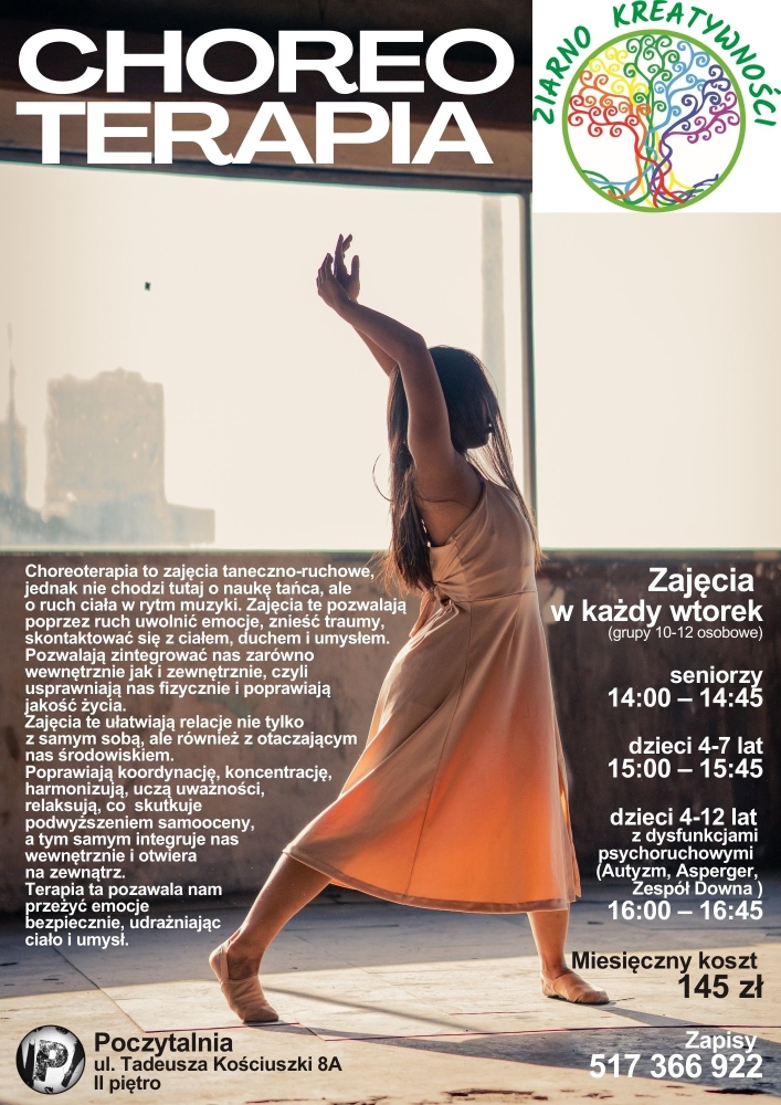 Plakat informujący o zajęciach choreoterapii